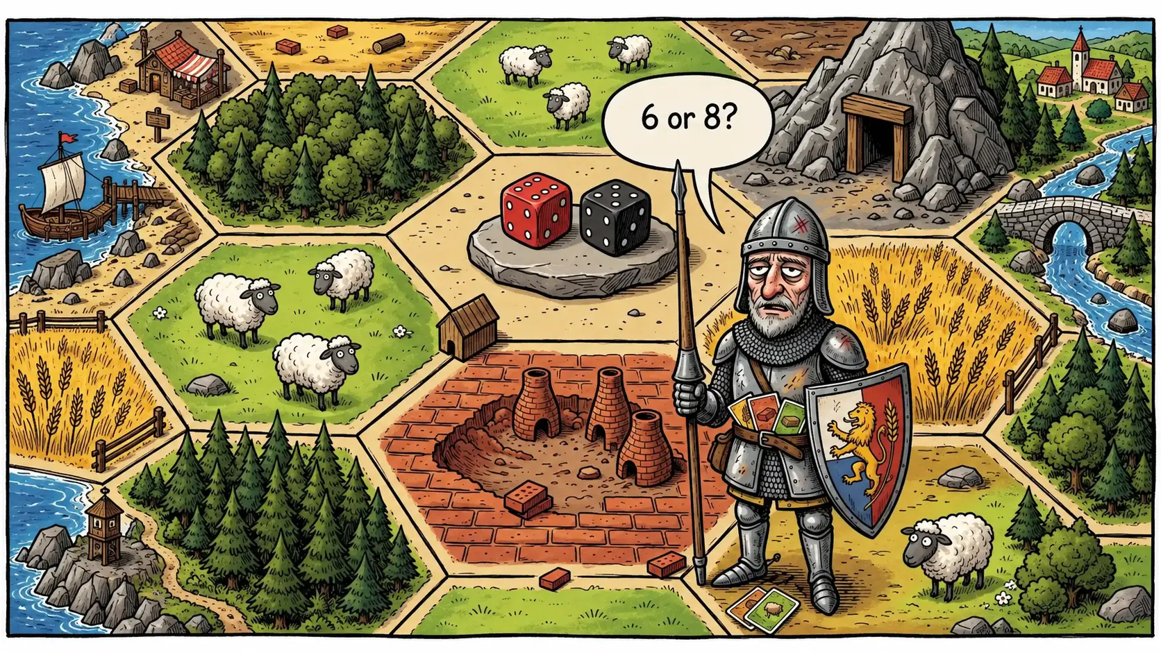 Medieval board game scene with knight, sheep, dice, forests, wheat fields and hexagonal terrain tiles.